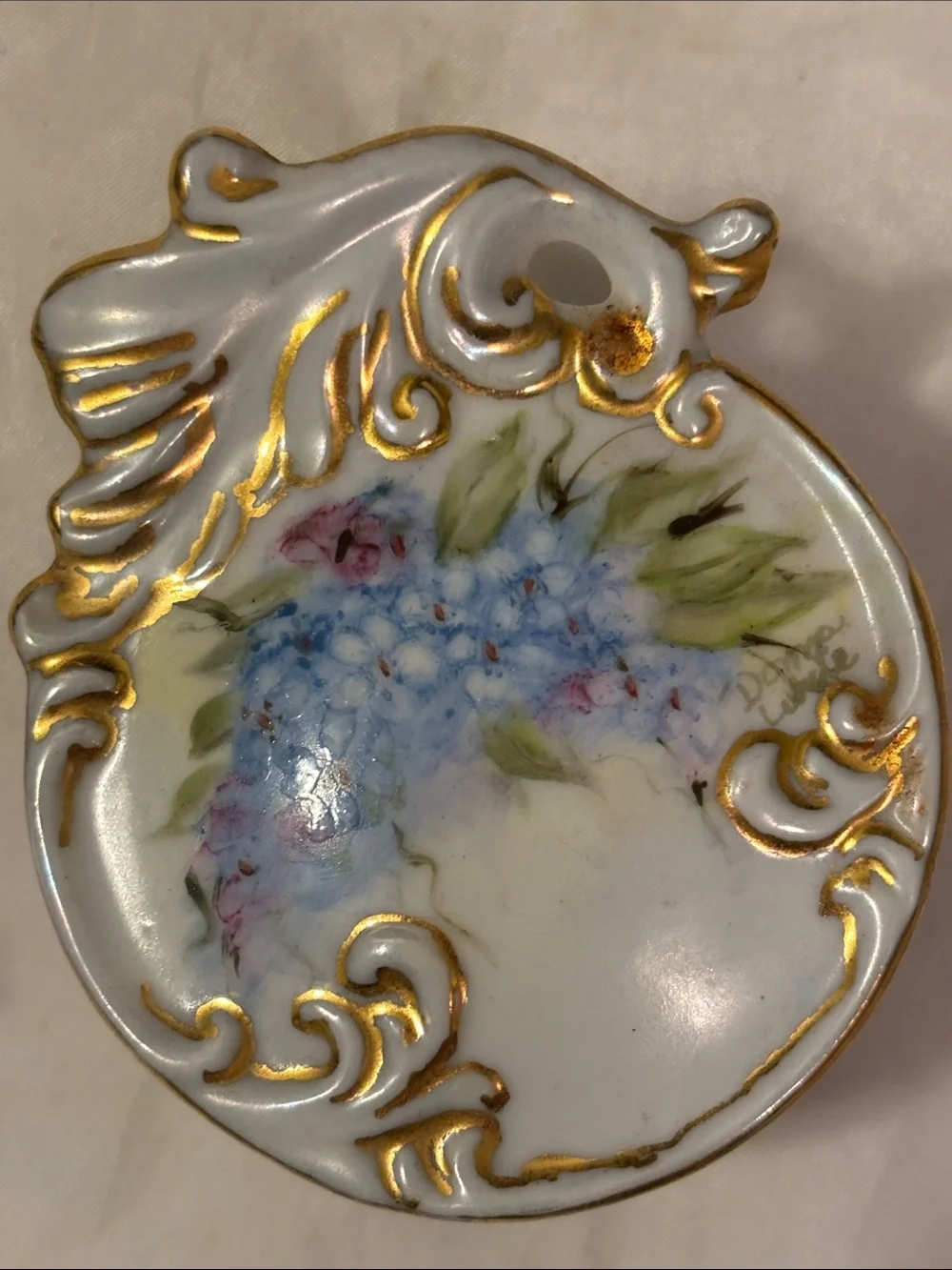 Porcelain Trinket Box with Hand-Painted Blue Floral and Gold Scrolls